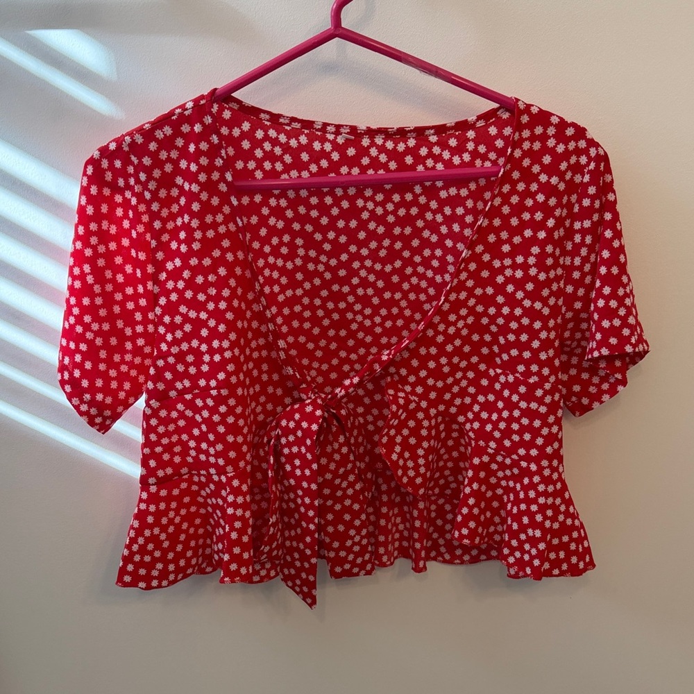 Elegant Red Floral Tie Front Blouse